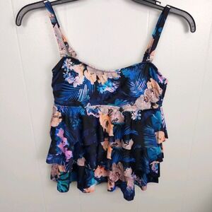 Island Escape‎ Tiered Tankini Top Swim Floral Black Size 6 MSRP $35 NEW